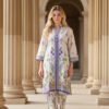 White Silk Ensemble with Lavender Floral Elegance