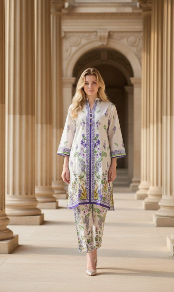 White Silk Ensemble with Lavender Floral Elegance