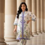 White Silk Ensemble with Lavender Floral Elegance