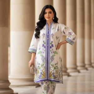 White Silk Ensemble with Lavender Floral Elegance