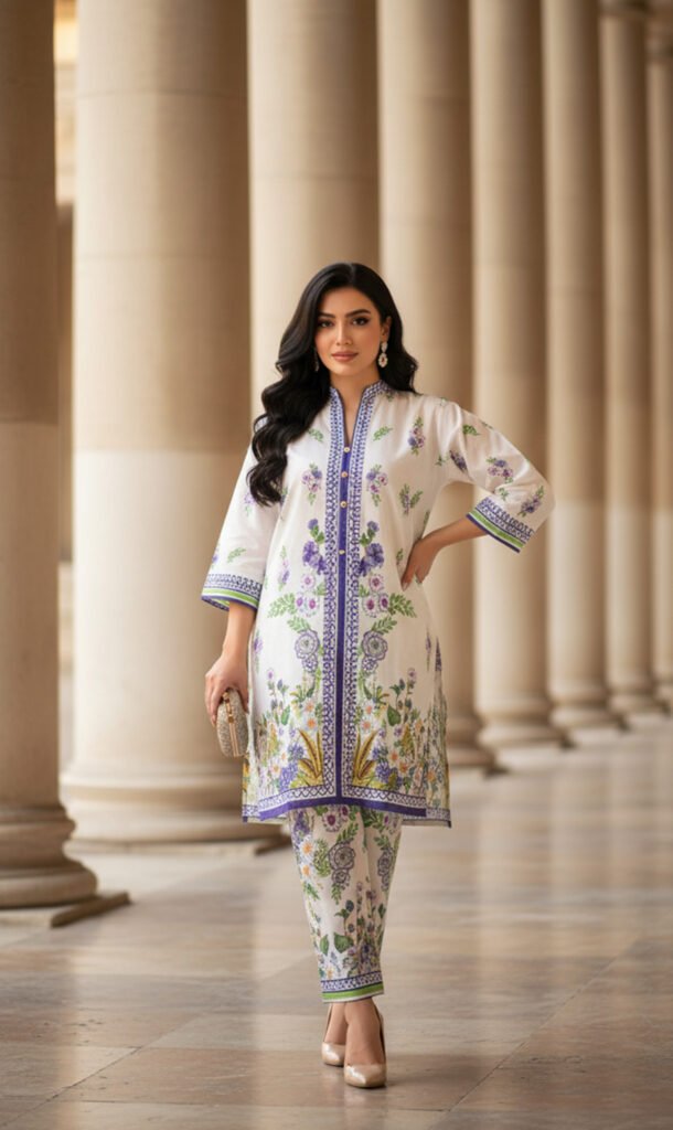 White Silk Ensemble with Lavender Floral Elegance