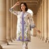 White Silk Ensemble with Lavender Floral Elegance