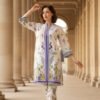 White Silk Ensemble with Lavender Floral Elegance