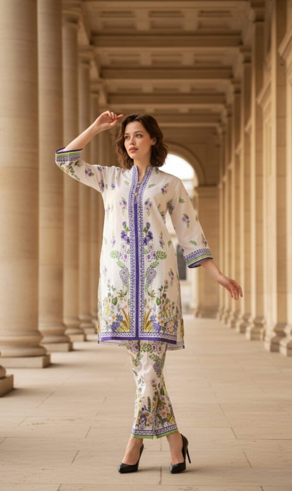 White Silk Ensemble with Lavender Floral Elegance