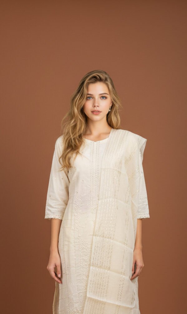 Ivory Cotton Embroidered Ensemble