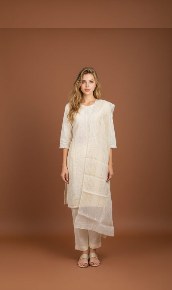 Ivory Cotton Embroidered Ensemble